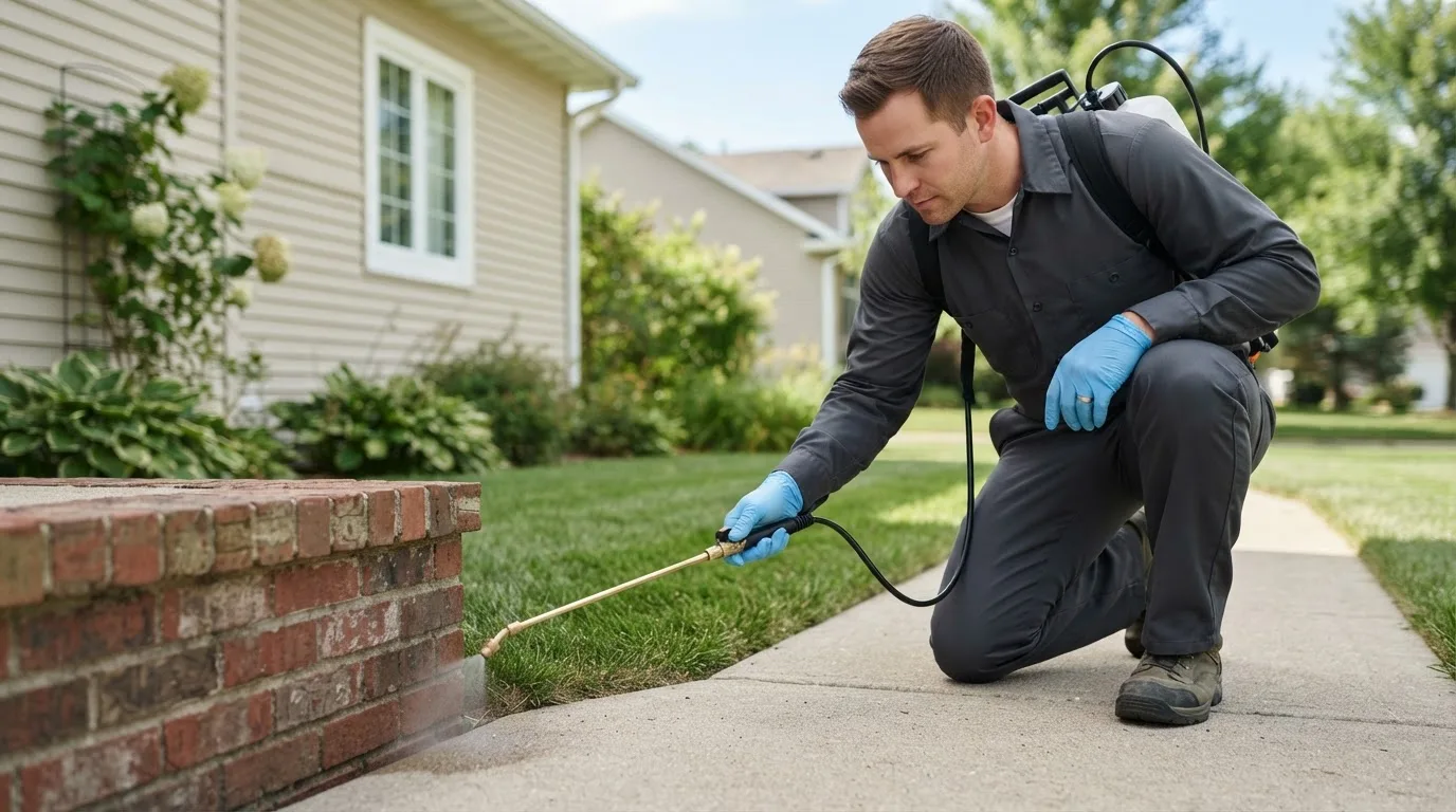 Pest control technician treating a home near Enfield, NH