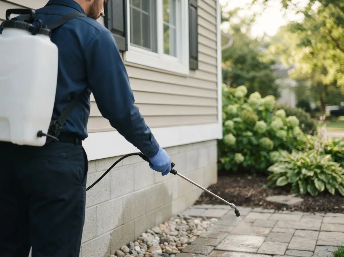 Pest control technician inspecting a home in Enfield, NH
